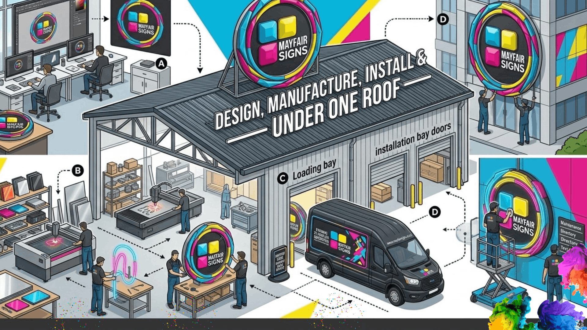 Signage design, manufacture and installation illustration